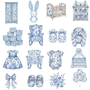 It’s a boy watercolor clipart bundle in blue toile style with teddy bear, bunny rabbit, baby toys, and elegant nursery chinoiserie accents