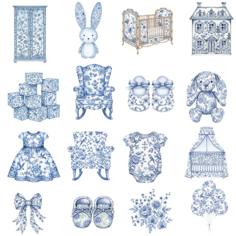 It’s a boy watercolor clipart bundle in blue toile style with teddy bear, bunny rabbit, baby toys, and elegant nursery chinoiserie accents
