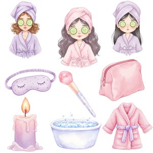 Relaxing bath and beauty clipart with feminine spa scenes perfect for pamper party projects.