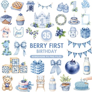Clipart premier anniversaire de baies, aquarelle bleuet des cliparts, Sweet One Baby Shower, décoration de baies One Party, Clipart noeud bleu, usage Commercial