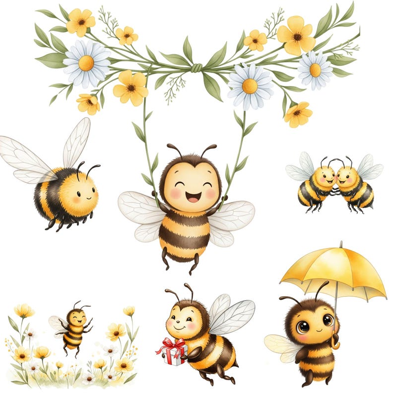 Bee clipart bundle with watercolor baby bees ideal for baby shower prints and kids room decorations