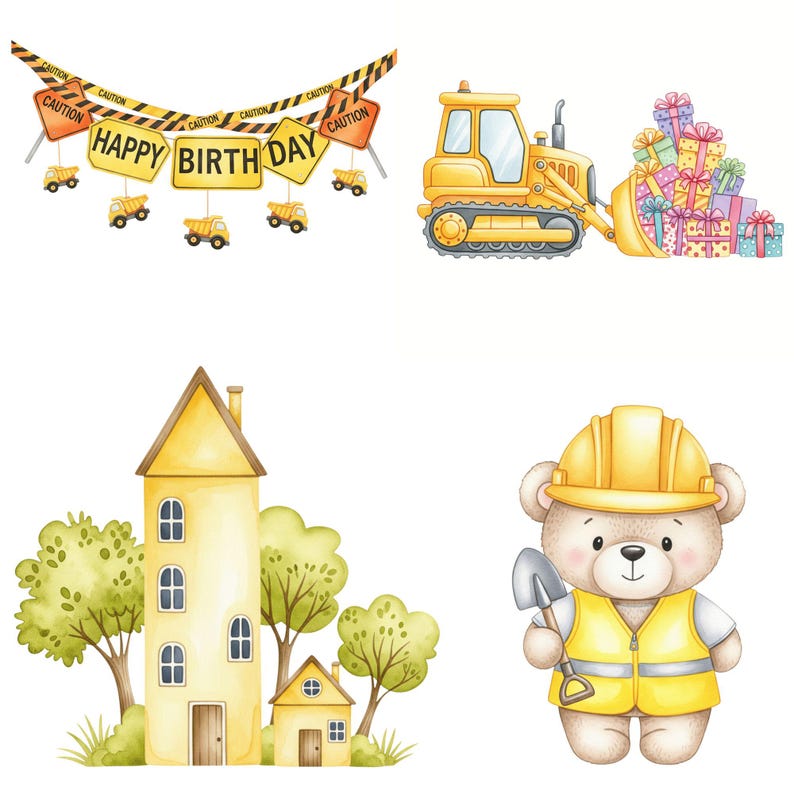Baby construction vehicle illustrations in watercolor style, including bulldozers, diggers, and cones for kids' DIY projects