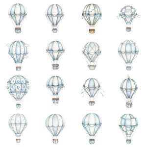 Cute air transport clipart featuring pastel hot air balloons, clouds, and stars in soft blue tones for baby boy nursery decor and printable art