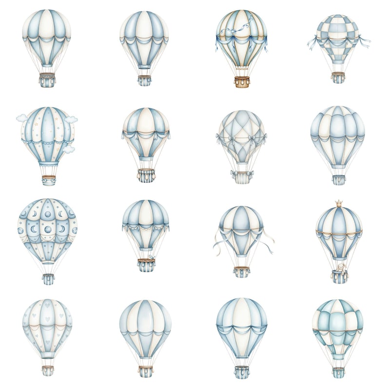 Cute air transport clipart featuring pastel hot air balloons, clouds, and stars in soft blue tones for baby boy nursery decor and printable art