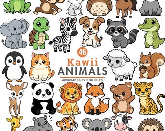 Cute Kawaii Animal Clipart Bundle, Baby Animals PNG, Pastel Watercolor Animals, Kids Nursery Art, Kawaii Illustration, Commercial Use Png