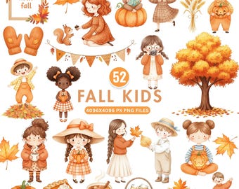 Watercolor Fall Clipart, Cute Fall Kids Png, Autumn Pumpkins, Cozy Cottagecore Clipart, Baby Shower Nursery Decor, Commercial Use Graphics