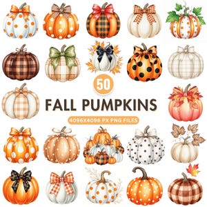 Fall Pumpkin Clipart, Watercolor Pumpkin PNG , Coquette Pumpkins Clipart, Autumn Bow PNG, Gingham Pumpkin Clipart, Thanksgiving Graphics