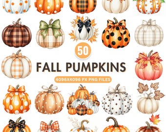 Fall Pumpkin Clipart, Watercolor Pumpkin PNG , Coquette Pumpkins Clipart, Autumn Bow PNG, Gingham Pumpkin Clipart, Thanksgiving Graphic