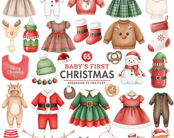 Christmas Baby Cloth Clipart, My First Christmas PNG, Newborn Holiday Outfit, Baby Shower Clipart, Festive Watercolor Png, Commercial Use