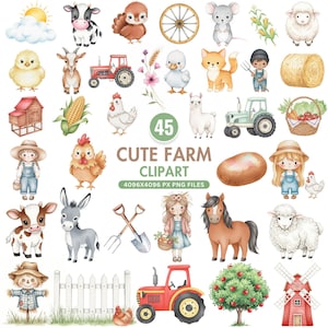 Cute Farm Clipart, Baby Farm Animal Clipart, Watercolor Farm Animals PNG, Nursery Wall Art, Barnyard Animals, Farmhouse, Instant Download