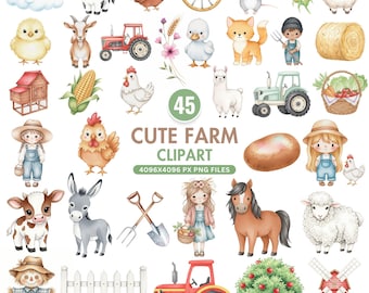 Süße Bauernhof Clipart, Baby Bauernhof Tier Clipart, Aquarell Bauernhof Tiere PNG, Kinderzimmer Wandkunst, Barnyard Tiere, Bauernhaus, Sofort Download