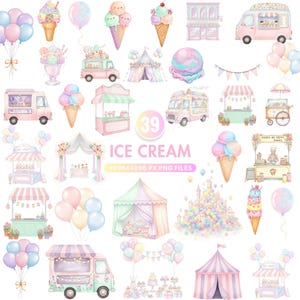 Aquarell Eis Wagen Clipart, Eiswagen PNG, Pastell Eistüte, Kawaii Eis Clipart, süße Dessert Illustrationen, Bündel