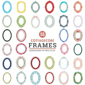 Könnte beinhalten: Eine Sammlung von 55 ovalen Cottagecore-Rahmen in verschiedenen Farben und Designs. Die Rahmen weisen verzierte Details, florale Akzente und gewellte Kanten auf. Der Text "55 Cottagecore Frames" und die Dateigröße sind ebenfalls enthalten.