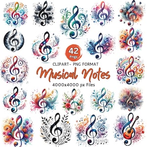 Musical Notes Clipart Watercolor Treble Clef PNG Colored Music Notation Graphics for Cricut and Digital Design Projects Instant Download