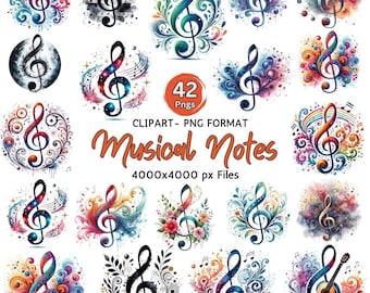 Notas musicales Clipart Acuarela Clave de sol PNG Gráficos de notación musical en color para Cricut y proyectos de diseño digital Descarga instantánea