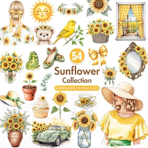 Bundle de cliparts tournesol aquarelle, clipart été, couronnes et bouquets de fleurs, fleurs d'automne, sublimation cottagecore, usage commercial
