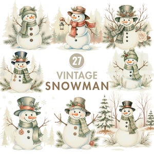 Christmas Snowman Clipart, Watercolor Vintage Snowman Clipart, Snowman Sublimation PNG, Holiday Winter Clipart, Vintage Christmas PNG