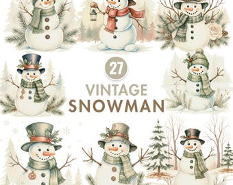 Christmas Snowman Clipart, Watercolor Vintage Snowman Clipart, Snowman Sublimation PNG, Holiday Winter Clipart, Vintage Christmas PNG