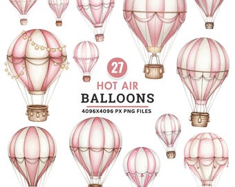Watercolor Hot Air Balloon Clipart, Pink Hot Air Balloon, Baby Shower Clipart, Vintage Nursery Decor, Pastel Balloon PNG, Instant Download