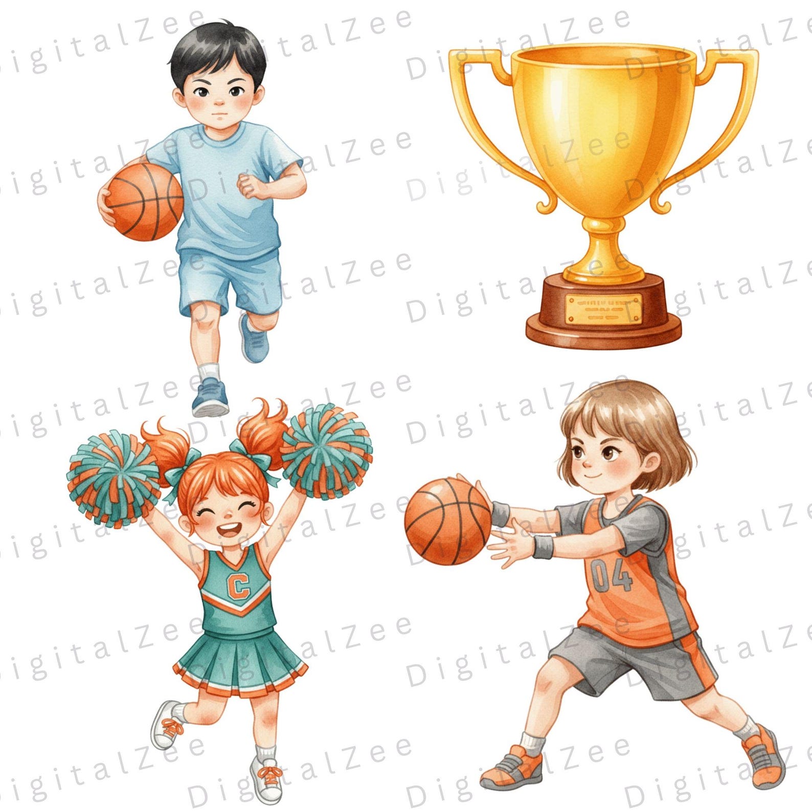 Basketball Kids Clipart, Watercolor Basketball PNG, Sports Clipart Set ...
