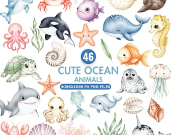 Cute Ocean Clipart, Under the Sea Animals Clipart, Watercolor Sea Creatures Png, Whale Octopus Jellyfish, Nursery Wall Art, Baby Shower Png
