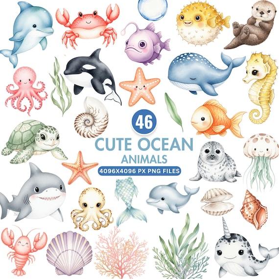 Cute Ocean Clipart, Under the Sea Animals Clipart, Watercolor Sea Creatures Png, Whale Octopus Jellyfish, Nursery Wall Art, Baby Shower Png