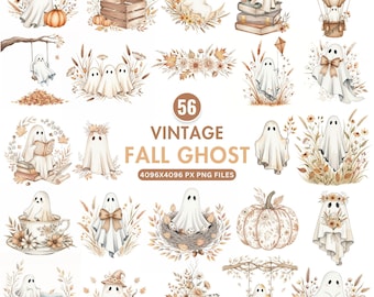 Vintage höstspöke Clipart, boho blommig Halloween-spöke PNG, höstakvarellspöke med blommor, kusliga kokettspöken, digital nedladdning