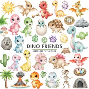 Può includere: Una collezione di 84 illustrazioni ad acquerello di simpatici dinosauri ed elementi correlati. I dinosauri sono in vari colori, tra cui rosa, verde, blu e giallo. L'immagine include il testo "Dino Friends" e "4096x4096 px PNG Files".