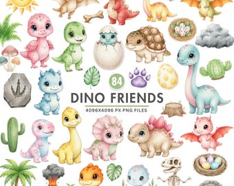 May include: A collection of 84 watercolor illustrations of cute dinosaurs and related elements. The dinosaurs are in various colors, including pink, green, blue, and yellow. The image includes the text "Dino Friends" and "4096x4096 px PNG Files".