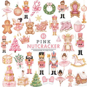 Puede incluir: Una colección de 65 ilustraciones rosas con temática de Cascanueces. Las imágenes incluyen bailarinas, cascanueces, un oso de peluche, un árbol de Navidad, un hombre de jengibre, un ratón y otros elementos festivos. El texto "PINK NUTCRACKER" se muestra en el centro.