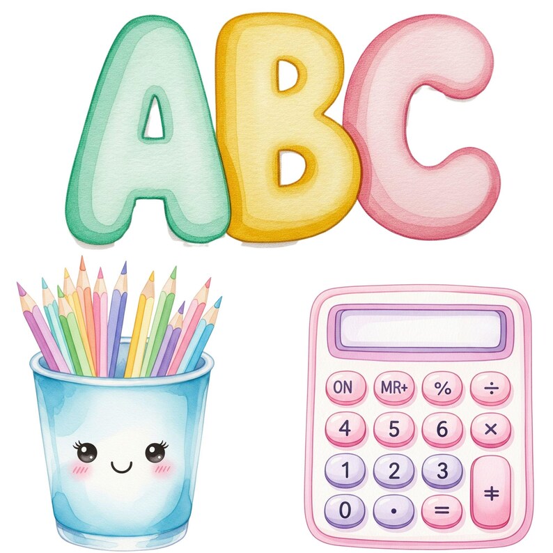 Printable PNG back to school elements with adorable pastel details, ideal for educational creators