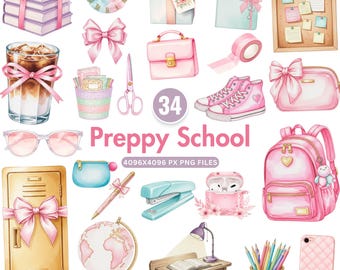 Preppy School Clipart PNG, Cute Pastel Classroom Decor, Teacher Life Elements, Groovy Back to School Bundle, Education Sublimation Graphics