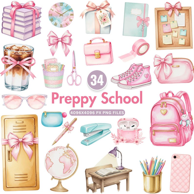 Preppy school clipart PNG with pastel teacher supplies and cute classroom elements
