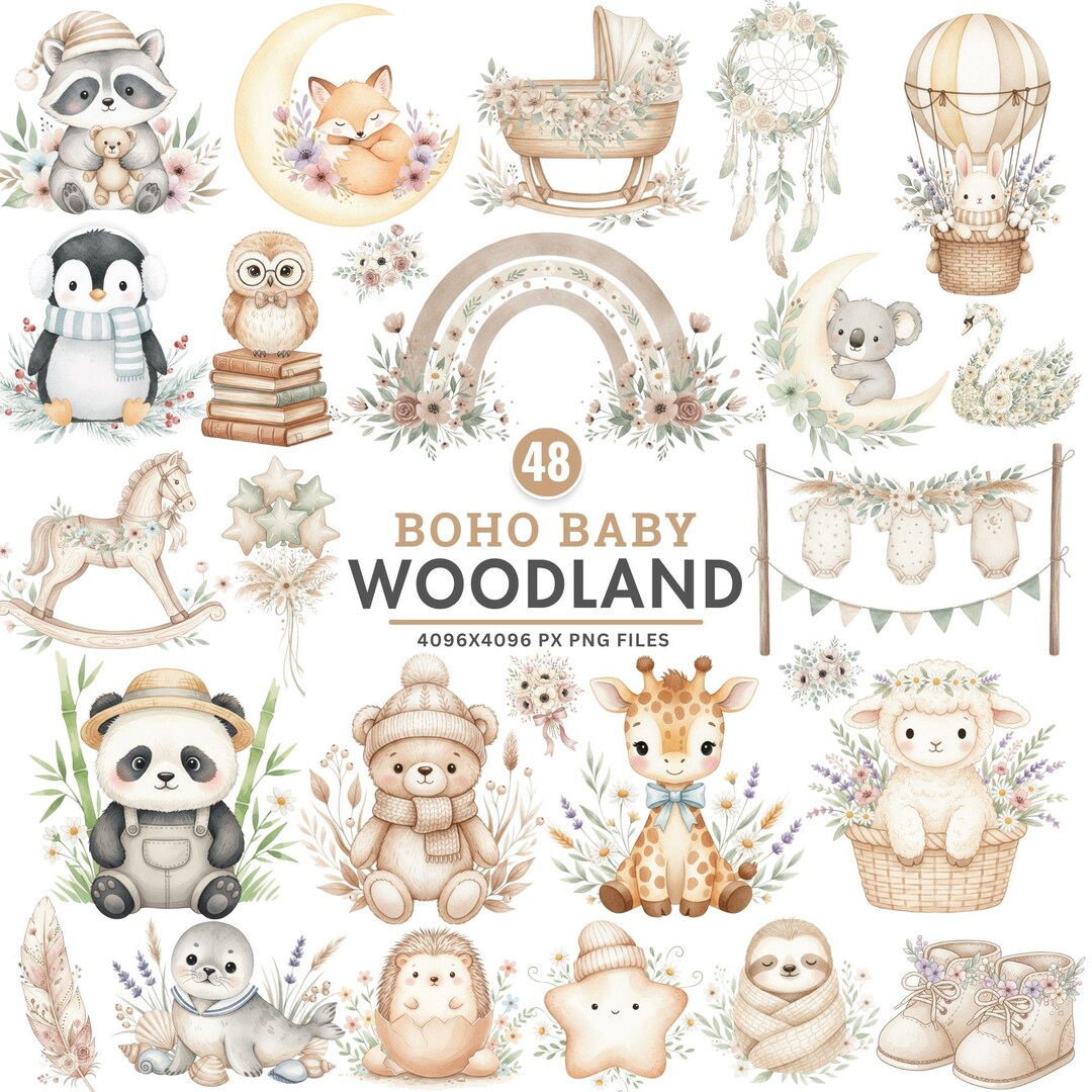 Boho Baby Animals Clipart, Watercolor Woodland Baby Critters, Neutral ...