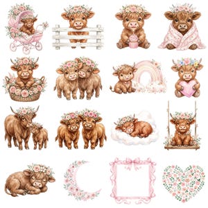 Baby highland cow PNG in soft pink color palette, hand painted look, isolated transparent background for easy use in design projects.