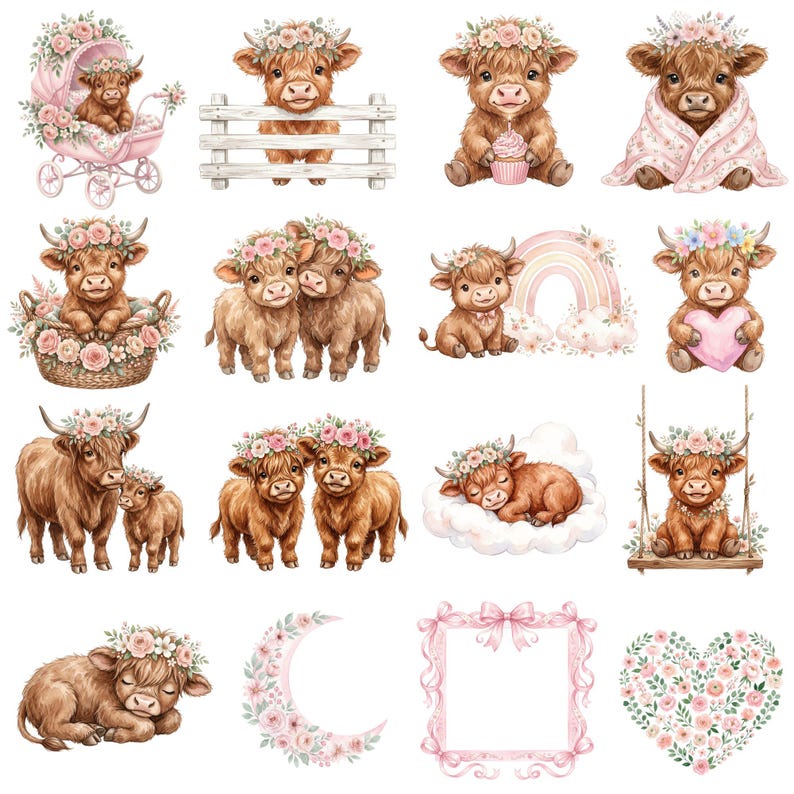 Baby highland cow PNG in soft pink color palette, hand painted look, isolated transparent background for easy use in design projects.