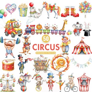 Circus Clipart, Watercolor Carnival Animals, Big Top Tent,  Cotton Candy Art, Pastel Nursery Decor, Baby Shower Invitation, Commercial Use