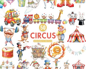 Circus Clipart, Watercolor Carnival Animals, Big Top Tent,  Cotton Candy Art, Pastel Nursery Decor, Baby Shower Invitation, Commercial Use