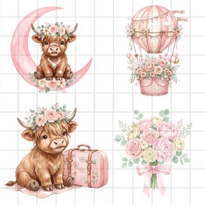 Pink baby highland cow illustration in soft watercolor style, transparent PNG for easy layering in Cricut, Etsy crafts, and design templates.