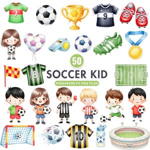 Watercolor Soccer Clipart, Cute Kid Clipart, Watercolor Sports Clipart, Soccer Ball PNG, Boys Soccer Birthday, Baby Shower, Instant Download