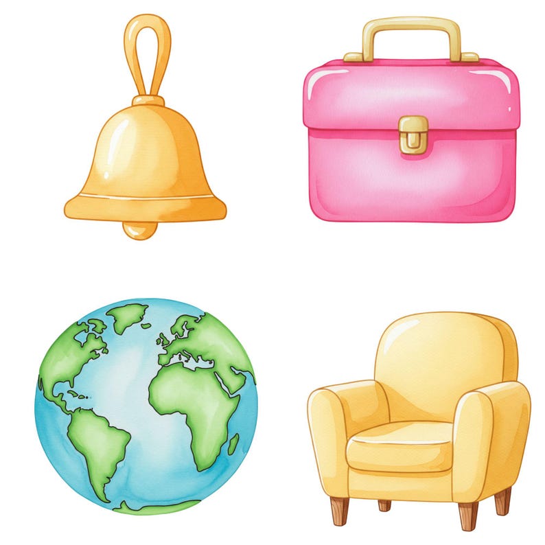 Pastel classroom clipart set including fun student supplies, chalkboards, and school bags for use in educational digital designs.