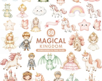 Imágenes prediseñadas del Reino Mágico, imágenes prediseñadas de princesas, imágenes prediseñadas de unicornios lindos, imágenes prediseñadas de cuentos de hadas en acuarela, imágenes prediseñadas de bebé dragón, ilustración de castillo, imágenes prediseñadas para niños