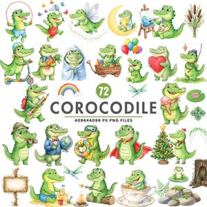 Può includere: Una collezione di 72 illustrazioni ad acquerello di coccodrilli verdi che svolgono varie attività come saltare la corda, dipingere, pescare e festeggiare, con il testo 72 COROCODILE 4096X4096 PX PNG FILES centrato nel mezzo.