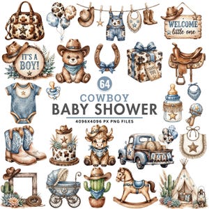 Pode incluir: Uma coleção de ilustrações em aquarela com tema de chá de bebê cowboy, incluindo uma bolsa com estampa de vaca, balões, roupas de bebê, um ursinho de pelúcia, uma ferradura, uma caixa de presente, uma sela, um caminhão e uma tenda.