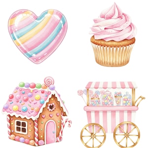 Pastel dessert clipart pack with watercolor lollipops, cotton candy, and macarons for baby shower or birthday themes