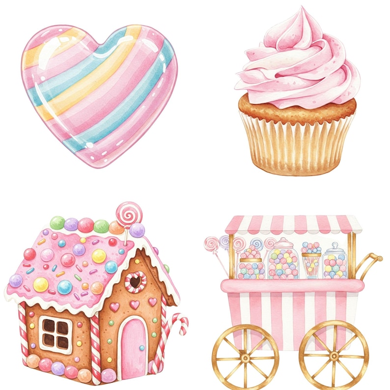 Pastel dessert clipart pack with watercolor lollipops, cotton candy, and macarons for baby shower or birthday themes