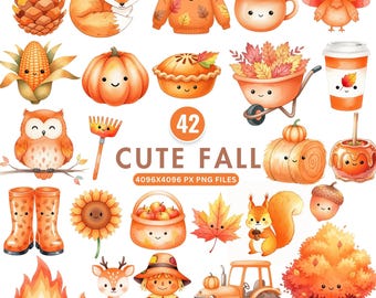 Cute Fall Clipart, Watercolor Kawaii Autumn Clipart, Pumpkin PNG, Cozy Woodland Animals, Scarecrow Clipart, Fall Truck Png, Commercial Use