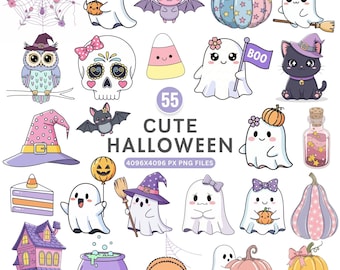 May include: A collection of cute Halloween-themed illustrations. The image features ghosts, bats, pumpkins, cats, and other spooky characters. The text "55 CUTE HALLOWEEN" is displayed in the center of the image.