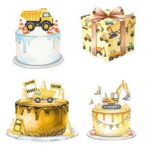 High-resolution watercolor clipart of cute construction trucks for sublimation projects, baby boy nursery art, and scrapbooking