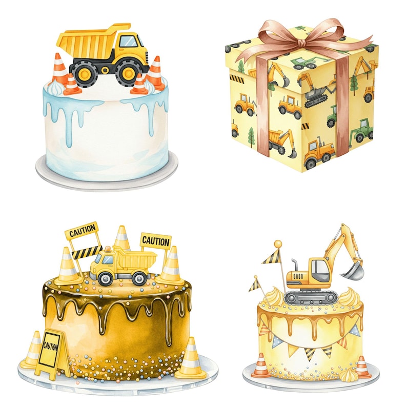 High-resolution watercolor clipart of cute construction trucks for sublimation projects, baby boy nursery art, and scrapbooking